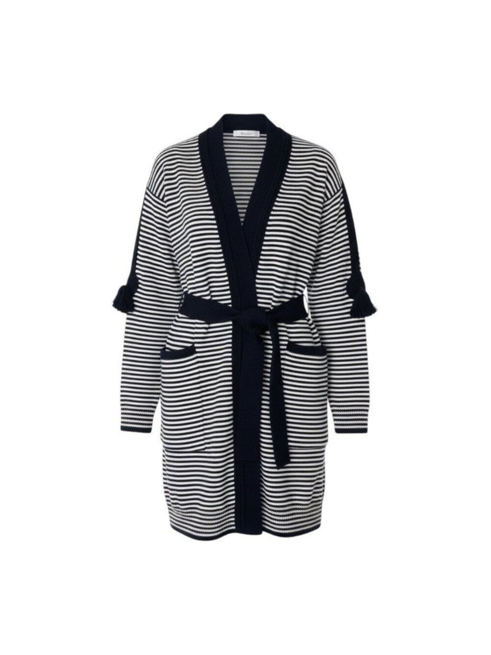 Max Mara Tag Long Knit Cardigan Border Pattern Waist Ribbon Navy White Wool M